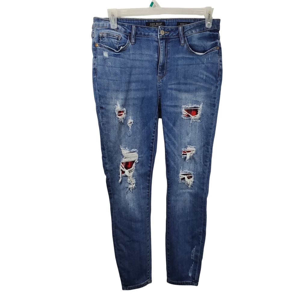 Judy Blue Denim Skinny‎ Jeans Size 13/31 Distressed Red Plaid Patches
